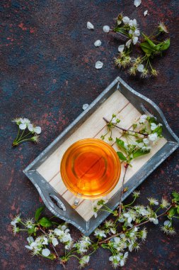 Siyah demir Çaydanlık, bahar çiçekler koyu mavi doku arka plan üzerinde kiraz çiçeklenme dalları ile sıcak yeşil çay geleneksel seramik fincan. Üstteki görünüm, kopya alanı.