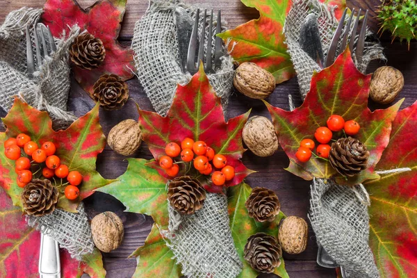 Christmas Table Setting Fork Knife Sackcloth Spruce Branches Cones Christmas — Stock Photo, Image