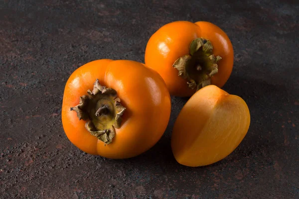 Fresh Juicy Persimmons Dark Background Copy Space Close — Stock Photo, Image