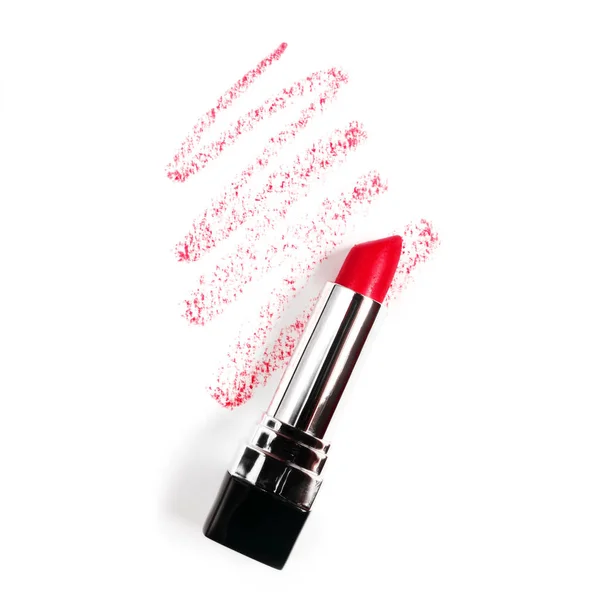 Rode Lippenstift Met Een Spoor Een Witte Achtergrond Het Concept — Stockfoto