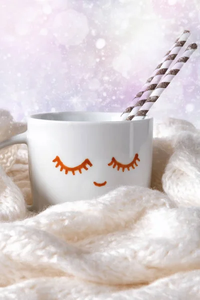 White Cup Cocoa Marshmallow Painted Eyes Cozy Scarf Light Background — Stock Photo, Image