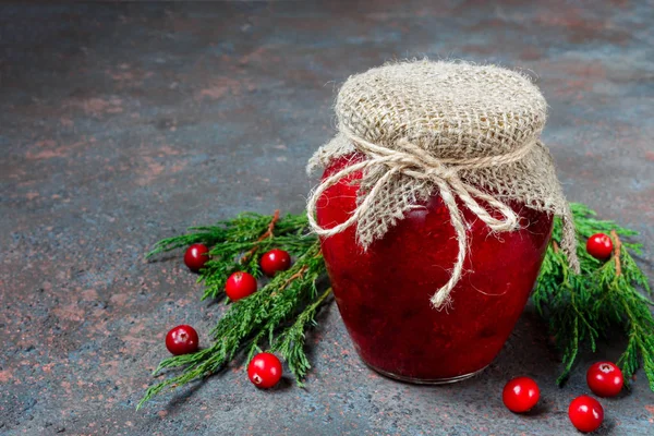 Fresh Juicy Jam Cranberries Glass Jar Blue Tray Spruce Branches — Stock Photo, Image