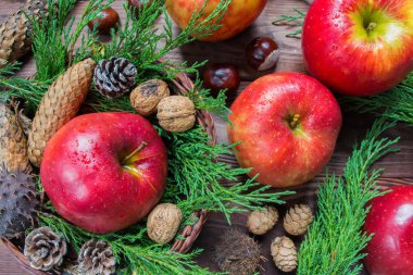 taze olgun elma ve ceviz, ahşap arka plan üzerinde koniler