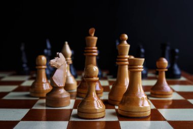 Tahta satranç tahtası ve figürler 