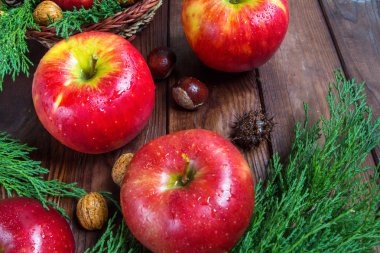 taze olgun elma ve ceviz, ahşap arka plan üzerinde koniler