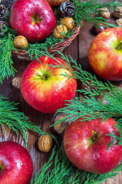 taze olgun elma ve ceviz, ahşap arka plan üzerinde koniler