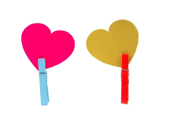 Dia Dos Namorados Fundo Branco Com Dois Corações Papel Clothespins — Fotografia de Stock