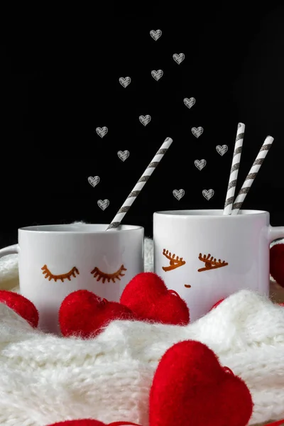 Two Cups Pattern Eyes Couple Hearts Valentine Day — Stock Photo, Image