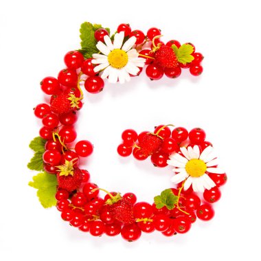 Kırmızı frenk üzümü meyveleri ve beyaz çiçekler ve beyaz bir arka plan üzerinde yaprakları bir desen şeklinde G Harfi İngilizce alfabesi 