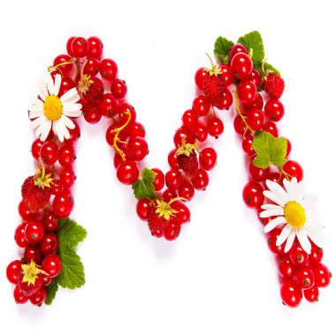 Kırmızı frenk üzümü meyveleri ve beyaz çiçekler ve beyaz bir arka plan üzerinde yaprakları bir desen şeklinde Mektup M İngilizce alfabesi 