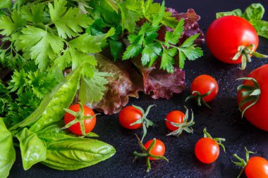 Taze sebzeler domates ve kokulu yeşillikler salata, maydanoz, karanlık bir arka planda fesleğen, vejetaryenlik kavramı ve sağlıklı yeme. Düz siyah arka plan
