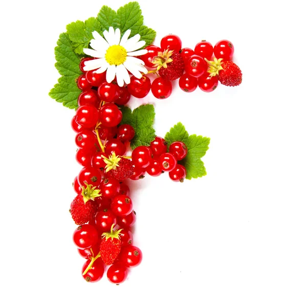 Litera Alfabetu Angielskiego Postaci Wzoru Czerwonych Porzeczki Jagód Białych Kwiatów — Zdjęcie stockowe