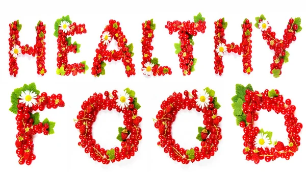 Word Healthy Food Written Collected Red Currant Berries White Background — Stock Photo, Image
