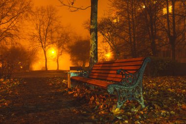 Kopya alanı, sonbahar arka plan ile bir sonbahar sisli akşam yakın çekim bir şehir parkında Bench
