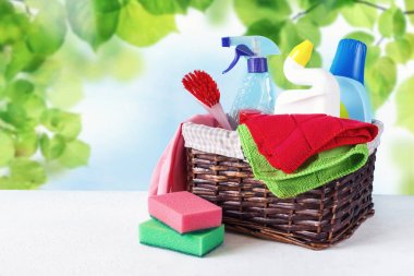 temizlik maddeleri ve paçavra ve eldiven temizlemek için aksesuarlar bir dizi ile sepet. Temizlik hizmeti kavramı