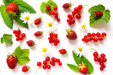 Bir çilek, kırmızı frenk üzümü, yaprakları, nane ve papatyalar bir ışık arka plan karşı meyve berry desen alanı kopyalamak için 