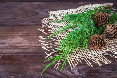 Noel sofra seti, dekor şenlikli arka plan, düz yatıyordu üst görünümü