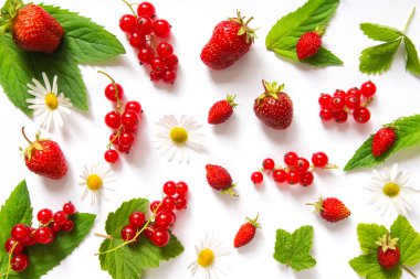 Bir çilek, kırmızı frenk üzümü, yaprakları, nane ve papatyalar bir ışık arka plan karşı meyve berry desen alanı kopyalamak için 