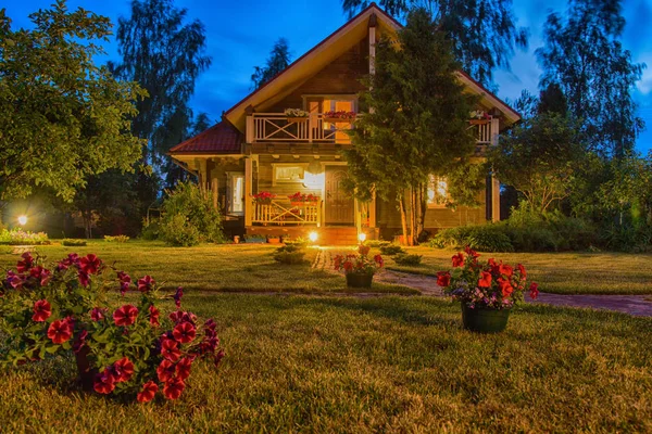 Casa Campo Privada Por Noche Durante Crepúsculo Por Luz Las — Foto de Stock