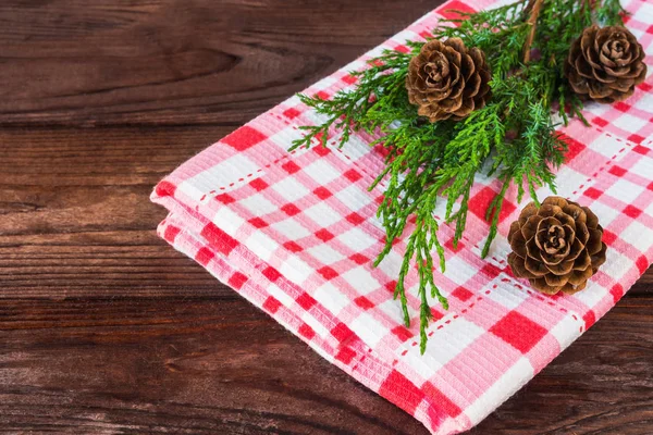 Christmas tableware set, decor festive background, flat lay top view