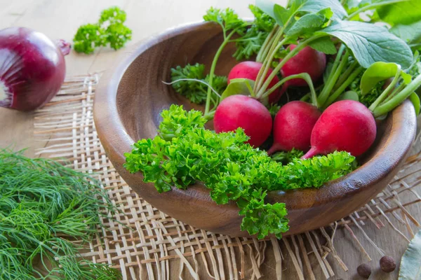 Hierbas aromáticas frescas especias perejil cebolla eneldo pimienta laurel y jugosas verduras de rábano maduro. El concepto de nutrición saludable y vegetarianismo — Foto de Stock