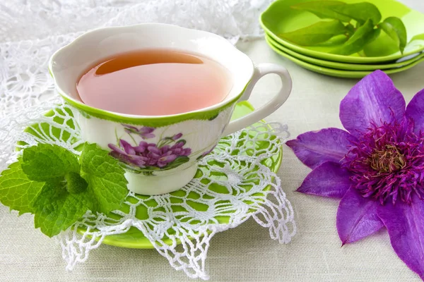 Tea Cup Green Bud Clematis Colors Rural Style Light Background — Stock Photo, Image