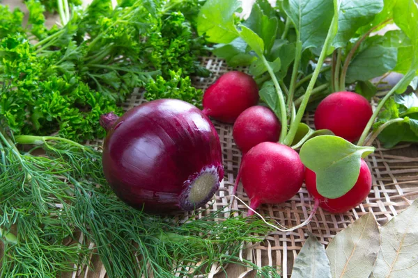 Hierbas aromáticas frescas especias perejil cebolla eneldo pimienta laurel y jugosas verduras de rábano maduro. El concepto de nutrición saludable y vegetarianismo — Foto de Stock