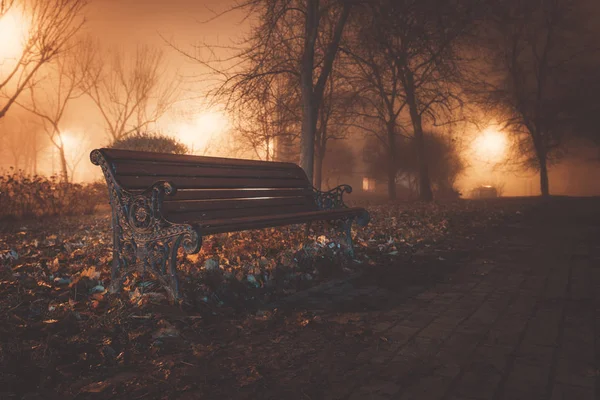 城市公园的长椅在秋天雾天夜特写与复制空间 秋季背景 — 图库照片