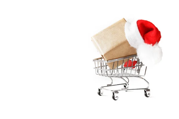 网上购物 圣诞折扣包装纸板箱 圣诞老人帽子 在白色背景的车 — 图库照片