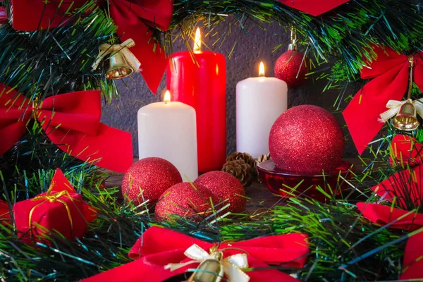 Christmas Decor Candles New Year Composition Festive Decoration Stock Photo