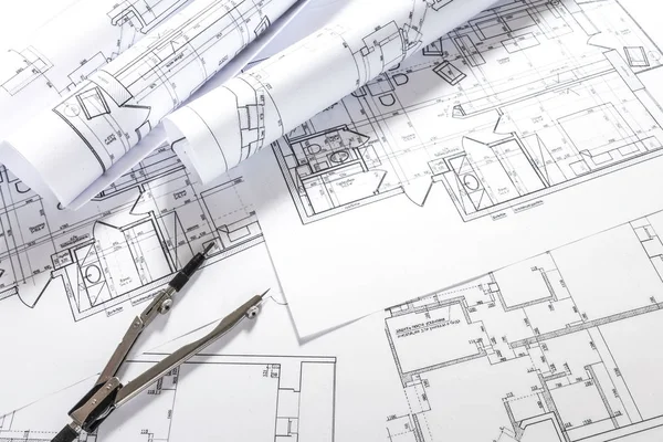 Architekt Entwurf Arbeitszeichnung Skizze Pläne Entwürfe Und Herstellung Architektonischer Konstruktion — Stockfoto