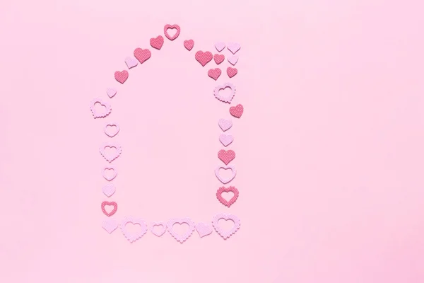 Будинок Сердець Рожевому Фоні Плоский Вид Зверху Ідея Кохання Затишку — стокове фото