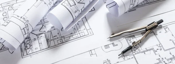 Architekt Rysunek Plany Projekt Architektoniczny Toku Inżynieria Budowlana Długi Baner — Zdjęcie stockowe