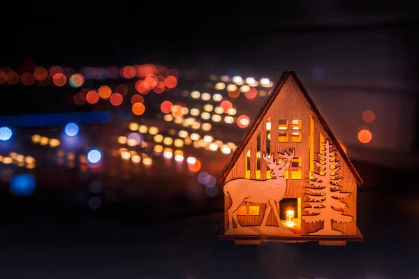 Wooden House Table Window Evening Background Night City Bokeh — Stock Photo, Image