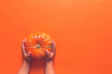 Yaratıcı kompozisyon: Balkabağı ve çocuk elleri. Fotokopi alanı olan turuncu arkaplan üzerindeki Cadılar Bayramı eğilimi.