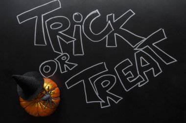 Cadılar Bayramı kompozisyonu düz üst görünüm yatıyordu. Altın balkabakları, sonbahar yaprakları, örümcek, siyah arkaplandaki yarasalar.