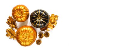 Düz sonbahar kompozisyonu. Balkabakları, yapraklar, meşe palamutları, beyaz arkaplandaki altın koniler kopya alanı. Şablon güz hasadı Şükran Günü Cadılar Bayramı kartları Üst Manzara afişi