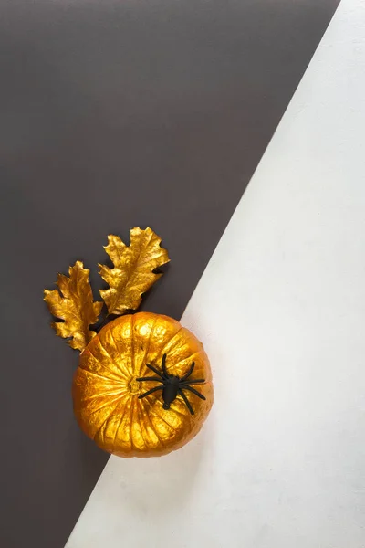 Kompozycja Jesienna Dynie Złoty Kolor Suszonych Liści Tle Jesień Jesień — Zdjęcie stockowe