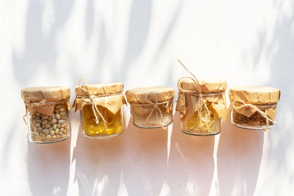 Cereals Glass Jars Light Background Shadow Eco Storage Zero Waste — Stock Photo, Image