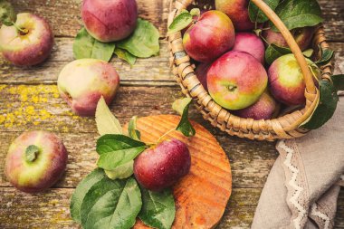 Hasır sepetin içinde sulu olgun elmalar ve kırsal bir bahçede ahşap bir masada bir fincan kahve, organik gıda, hasat, bahçıvanlık kavramı.