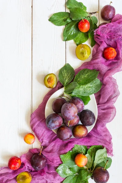 Juicy plums and purple runner on a white wooden background pattern with copy space for text flat top view