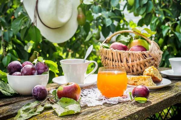 Lunch breakfast on the terrace in the garden. Orange juice, pie, coffee, tea, apples on a wooden table in the garden.