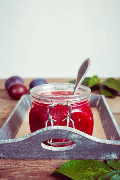 Jam Plums Glass Jar Berries Bowl Table Rustic Kitchen Vintage — Stock Photo, Image