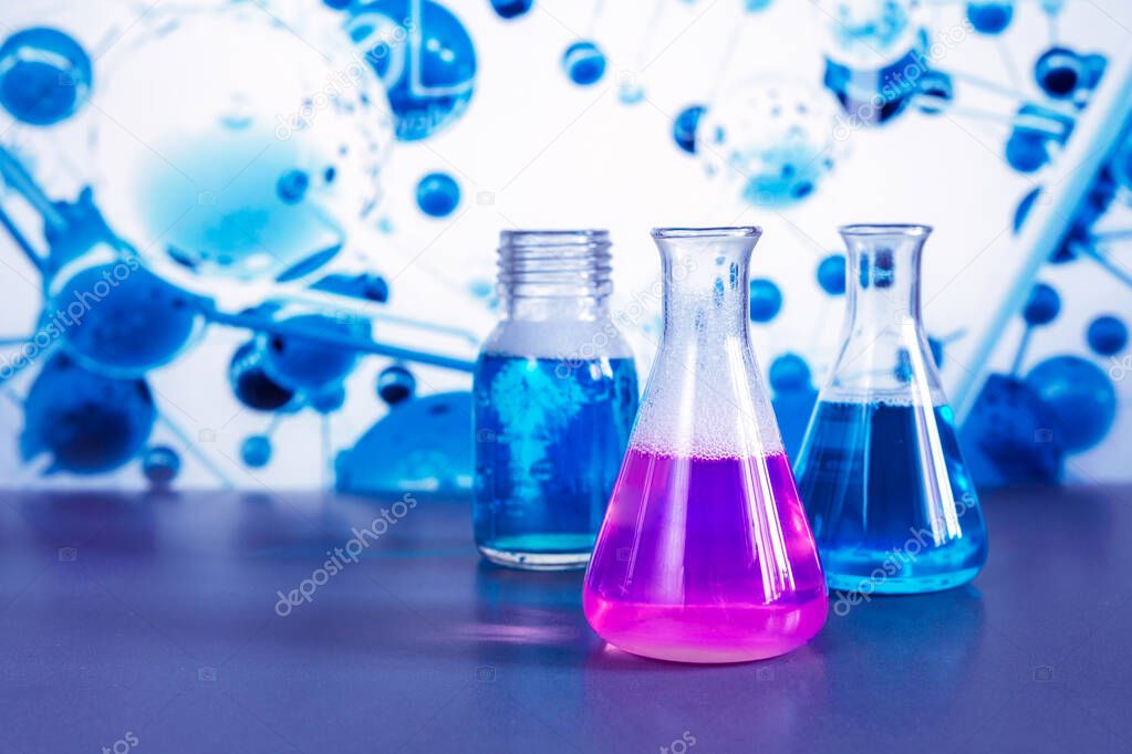 Low poly science chemical glass flasks. Magical equipment polygonal triangle blue glowing research future technology business medicine concept 