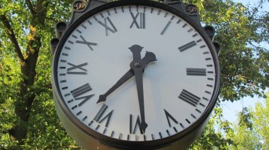 Parkta büyük beyaz saat ziyaretçilere zaman gösterir