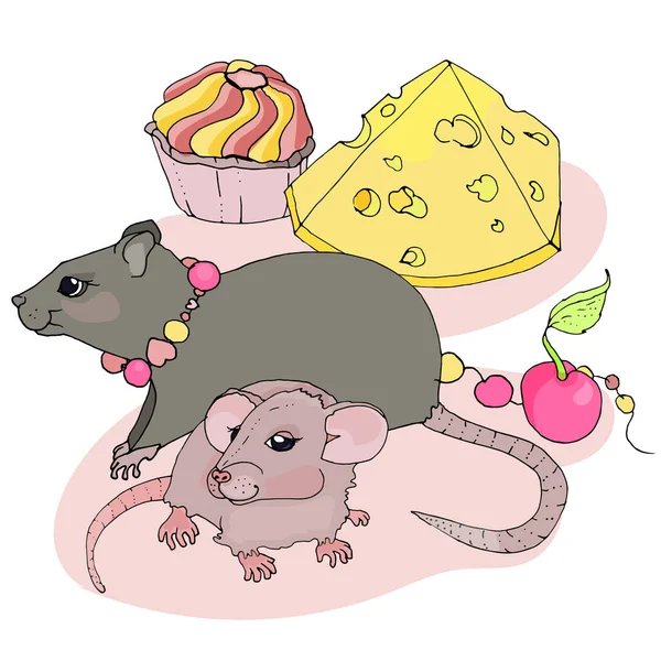 Un rat mignon avec un bébé à côté de fromage, gâteau, et une cerise — Image vectorielle