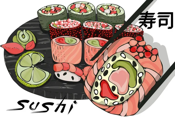 Kéz tartó pálcika és sushi tekercs, vektor rajz fehér alapon. — Stock Vector