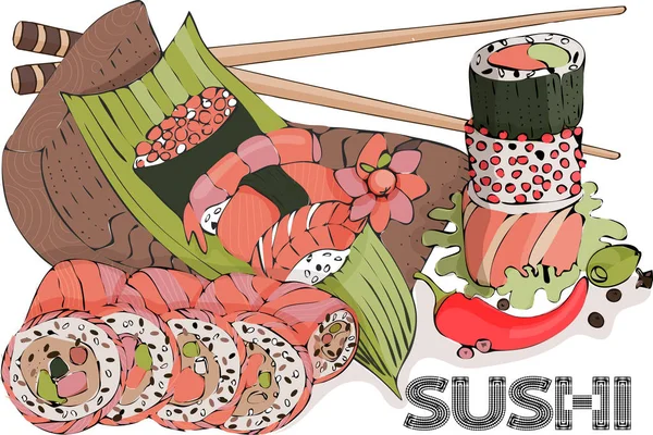 Mão segurando pauzinhos e rolo de sushi, desenho vetorial no fundo branco . —  Vetores de Stock