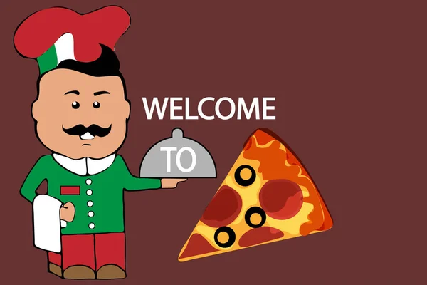 Illustration d'un chef de bande dessinée italien avec une pizza fraîchement cuite — Image vectorielle