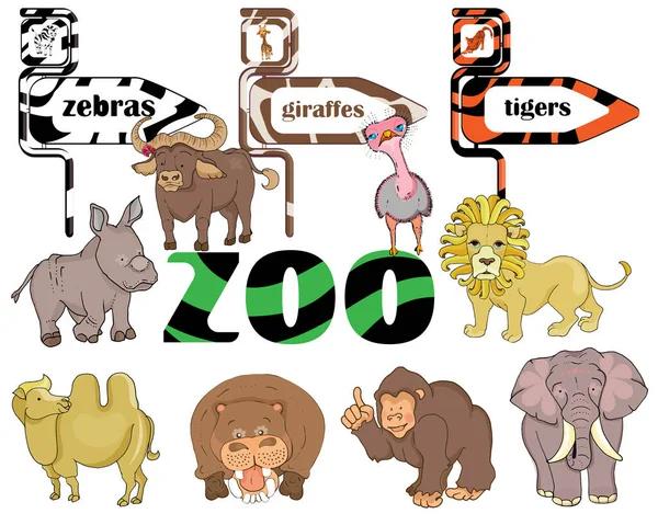 Одинадцять Тварин Три Знаках Напис Зоопарк — стоковий вектор